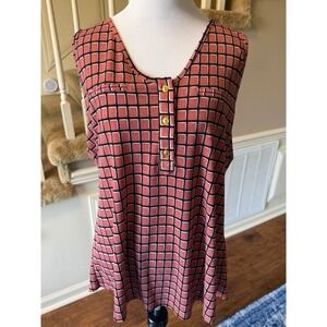Fifty Street Womens XL Sleeveless Geometric Grid Blouse Terracotta Pink Black